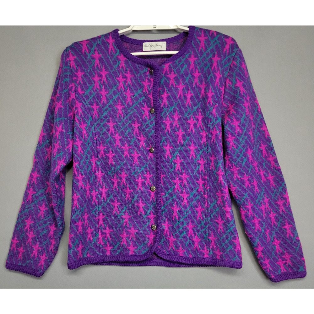 Vintage The Very Little Thing Cardgan Sweater Womens Boiled Wool Purple Pink 80s